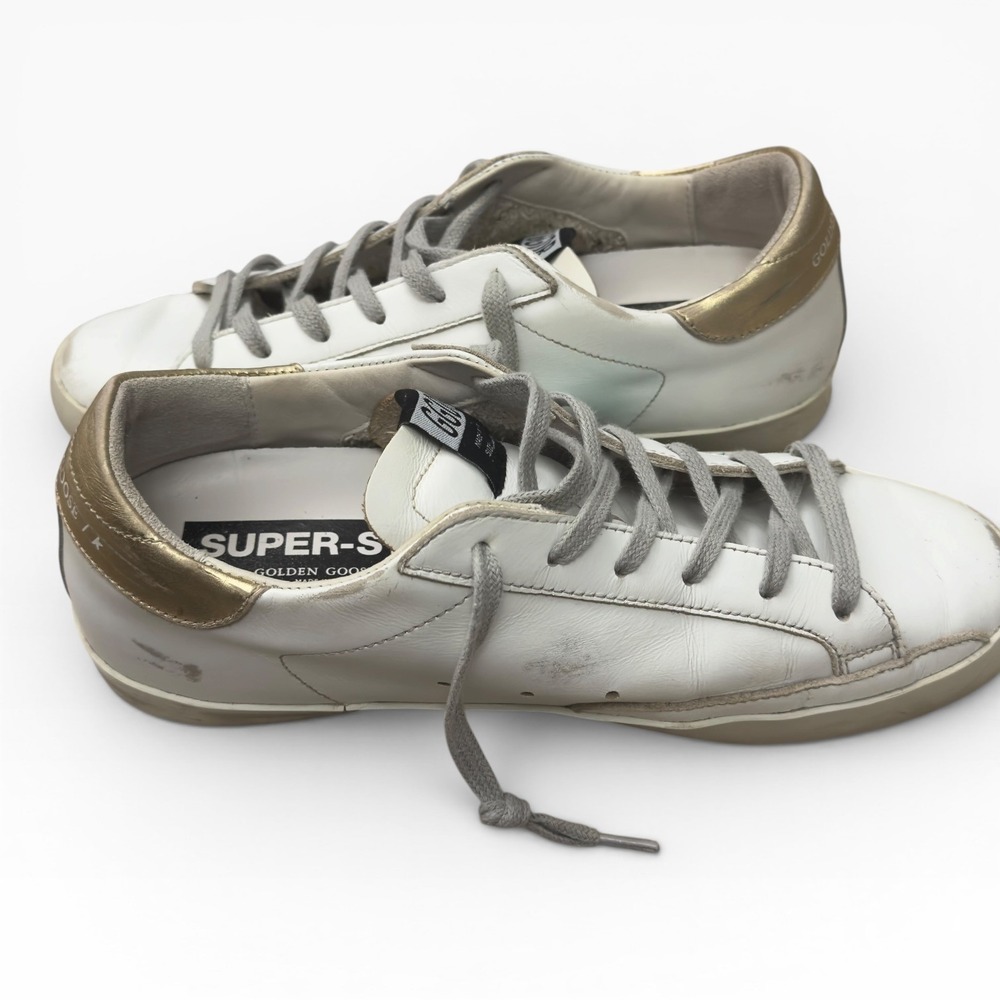 Golden Goose Super-Star Sneaker Womens 38 White Teal Gold Distressed Gray Laces - Picture 12 of 14